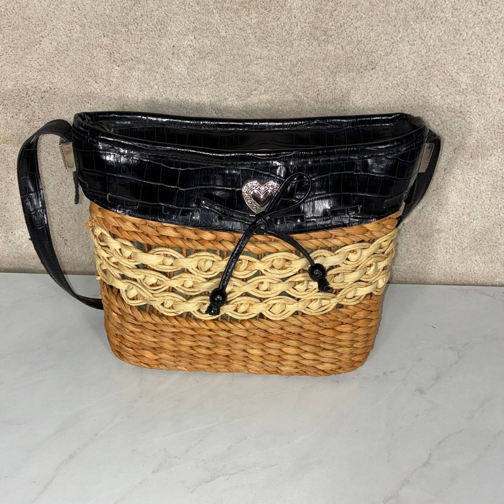 Black Tan Straw Leather Croc Shoulder Bag - Medium- Heart Boho Coastal